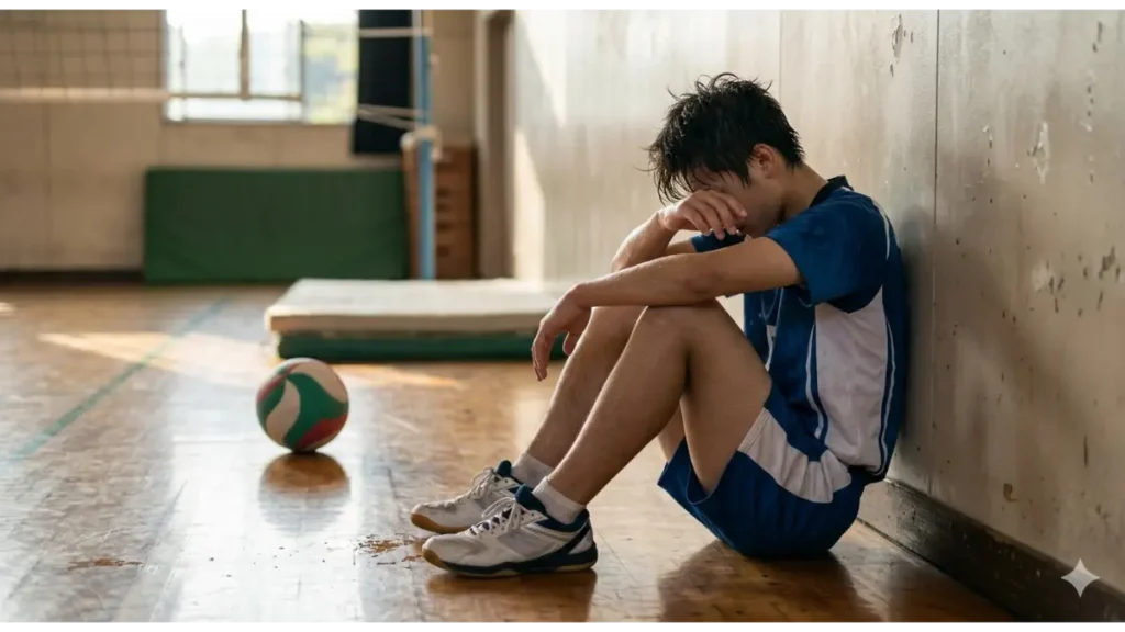 汗だくでバレーボールのユニフォームを着た若い男性が、夕暮れの体育館の床に座り込み、壁に背を預けて顔を覆っている。彼の近くにはバレーボールが転がっており、疲労と落胆の様子が感じられる。