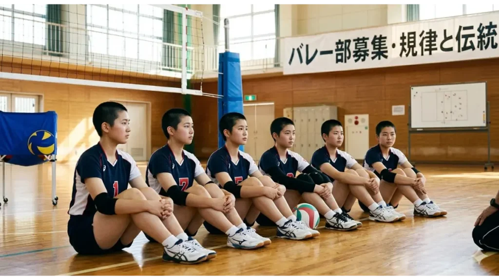日本の高校女子バレーボール部。短髪(ベリーショート)で均一な髪型の6人の選手が、体育館で同じ方向を見つめ、顧問の指導に耳を傾ける実写風画像。規律と伝統を象徴する。