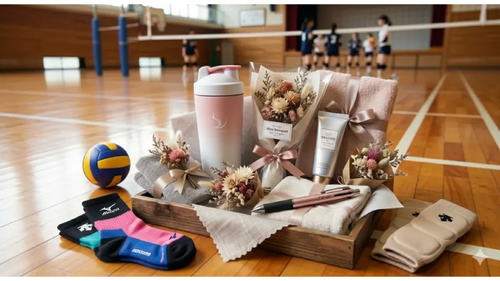 女子バレーボール部員に喜ばれる最新プレゼントのアイテムを並べた実写風写真。木製トレイの上に、スタイリッシュな女性向けプロテインボトル、おしゃれな入浴剤セット、ブランドハンドクリーム、名入れボールペン、ドライフラワーミニブーケが、ギフト包装や布と共に魅力的に配置されている。磨かれた体育館の木の床を背景に、近くにバレーボールやアームスリーブ、最新のブランドソックスも置かれている。