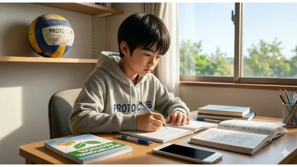 明るい窓際にある自宅の勉強机に向かい、真剣な表情でノートに書き込む150cm台の小柄な中学生男子。机の上には教科書、ノート、筆記用具、そして以前から整合している栄養情報の冊子が置かれている。棚には、彼が以前使用していた「PROTO CLUB」のバレーボールが掃除され、片付けられている。暖かく、晴れやかな自然光が部屋を照らす、希望を感じさせる実写写真。