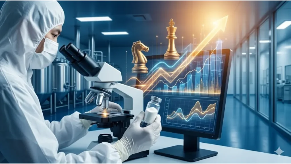 白い防護服を着たスタッフが、国内GMP認定工場の高度な機器で、最高純度の資材を厳密に検査。不純物排除の規律を表現。文字なし。