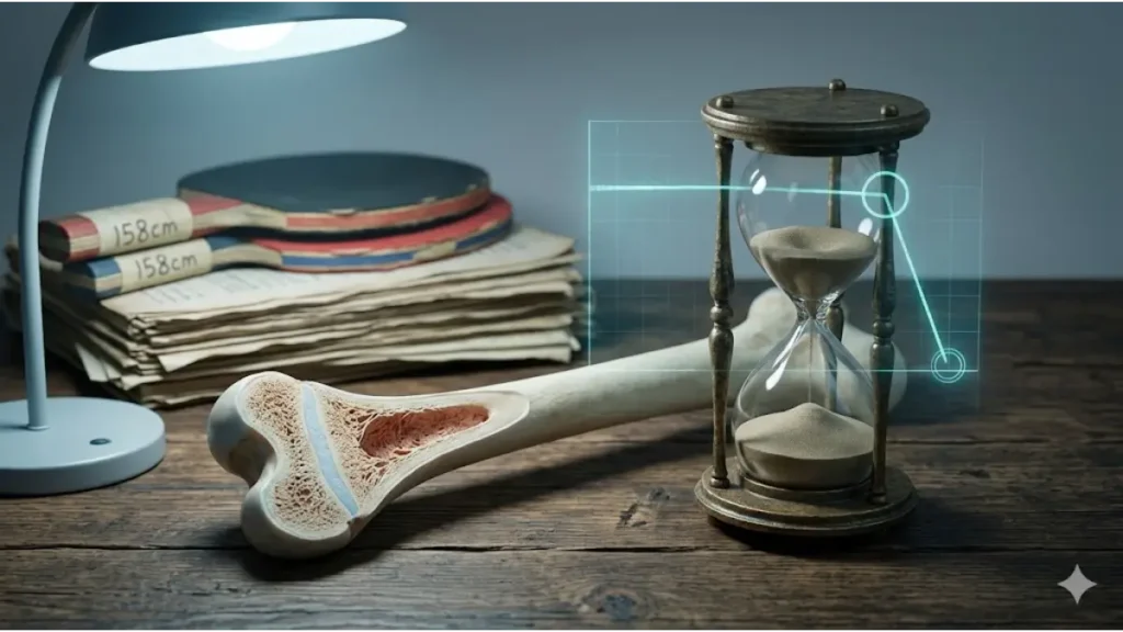 骨の成長板が閉じていくリアルな模型と、砂が落ちきった砂時計。時の期限と努力の痕跡を表現。文字なし。