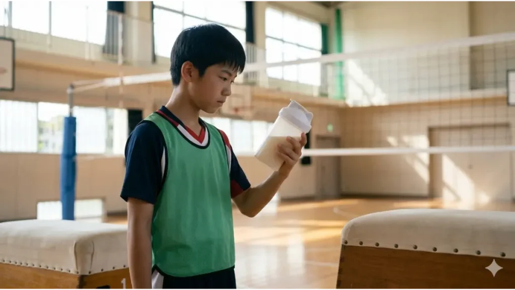体育館でシェーカーボトルを持ち、見つめる中学生男子のリベロ。成長期戦略への自律的な取り組み(ノビエースの摂取)を表現。