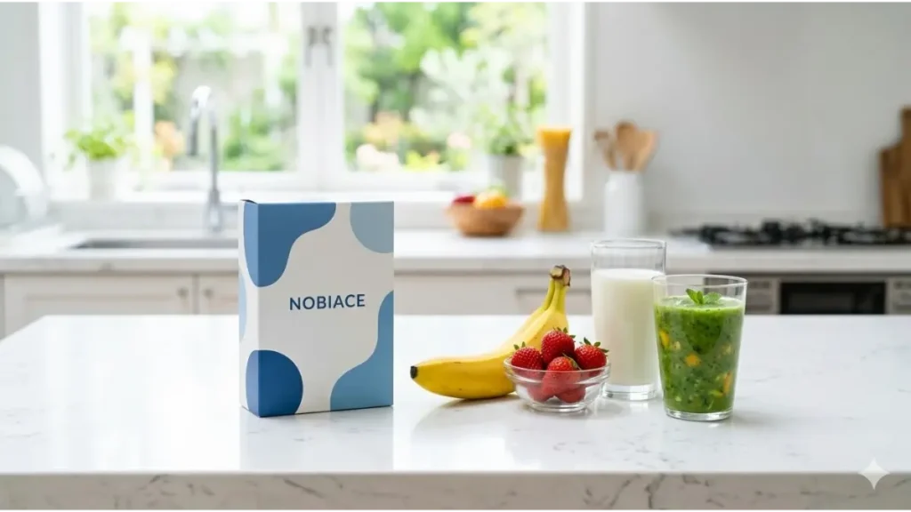 清潔なキッチンカウンターに置かれた、成長期サポートサプリメント「ノビエース」のパッケージ(架空の、クリーンなデザイン。文字なし)。その横に、新鮮な果物(バナナ、イチゴ)、牛乳、野菜のスムージーが並ぶ。健康的な食事のイメージ。