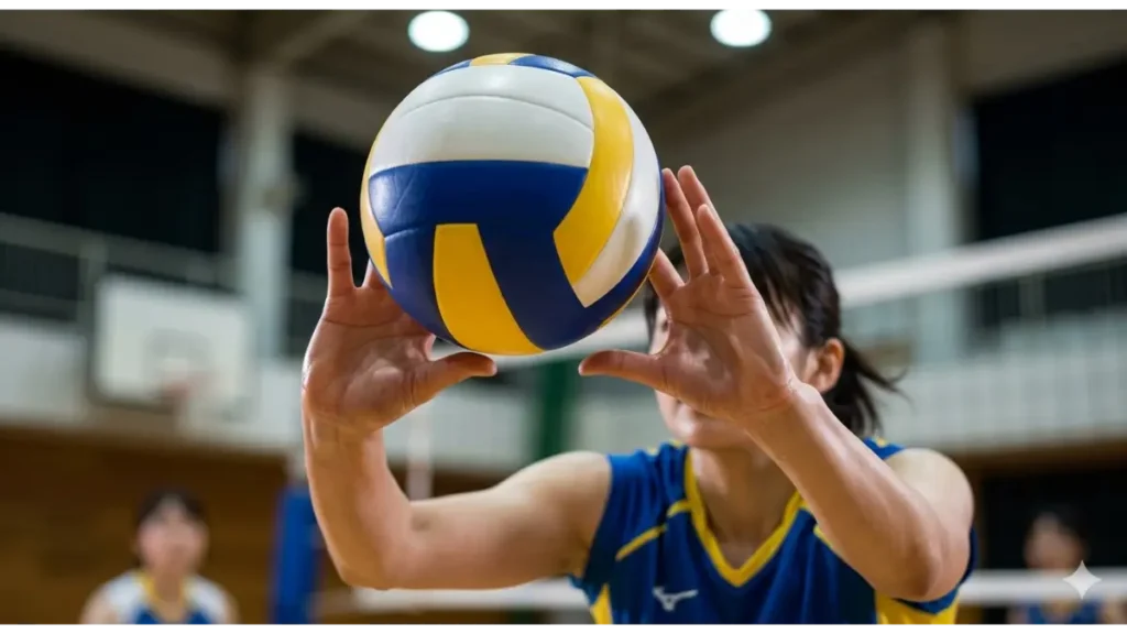 屋内体育館で、正確にバレーボールをオーバーヘッドで「排（はい）」のように押し出す女性選手の手に焦点を当てた、クローズアップのアクション実写写真。ボールと手の接触部分、汗、そして集中した表情が捉えられており、排球という名称の由来を視覚化している。