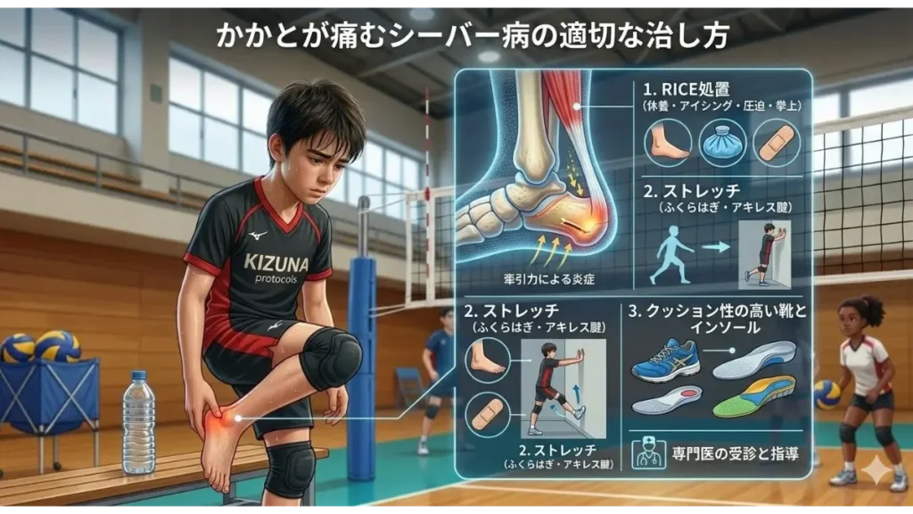 バレーボール体育館で、ベンチに座り踵の痛みを訴える『KIZUNA protocols』ユニフォーム姿の若い男子選手と、その右側に表示されたホログラフィックパネル。パネルにはシーバー病（踵骨骨端症）のメカニズムを示す足の解剖図や、治療法としてRICE処置（休養・アイシング・圧迫・挙上）、ふくらはぎとアキレス腱のストレッチ方法、クッション性の高い靴とインソールの選び方が日本語で解説されている。背景には他の選手やボールカートが見える。