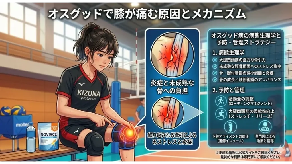 バレーボールの体育館でベンチに座り、痛みのある膝に触れる『KIZUNA protocols』ユニフォーム姿の若い女子選手。膝には痛みを示す赤い発光グラフィックがある。彼女の右側には、膝の解剖図、オスグッド病のメカニズム、予防・管理ストラテジー（病態生理学、予防と管理）の詳細な解説パネルが日本語で表示されている。ベンチにはサプリメント「NOVIACE」と水ボトルがあり、背景には他の選手やボールカートが見える。