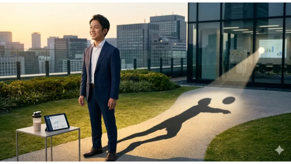 ブログ記事「まとめ：バレー部性格を一生の武器に変える戦略」の導入画像。夕暮れの都市の屋上に、成人しスーツ姿の健康的で自信に満ちた小柄な男性（ハジメ）が立ち、前を見つめる。彼自身の影が地面に、バレーボールを「繋ぐ」ダイナミックな姿（過去の経験）として投影されており、過去の経験が現在の彼の性格（繋ぐ力）という「武器」になっていることを表現している。