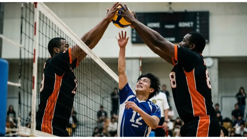 バレーボールの試合。ネット際で、150cm台の小柄な日本人選手（ハジメ）が全力でジャンプし、腕を伸ばしているが、190cmを超える巨大な相手選手のブロックに阻まれ、ボールに指先がわずかに届いていない。悔しさに歪む表情と、届かない物理的な壁（身長差）を象徴する、実写風の低アングル写真。