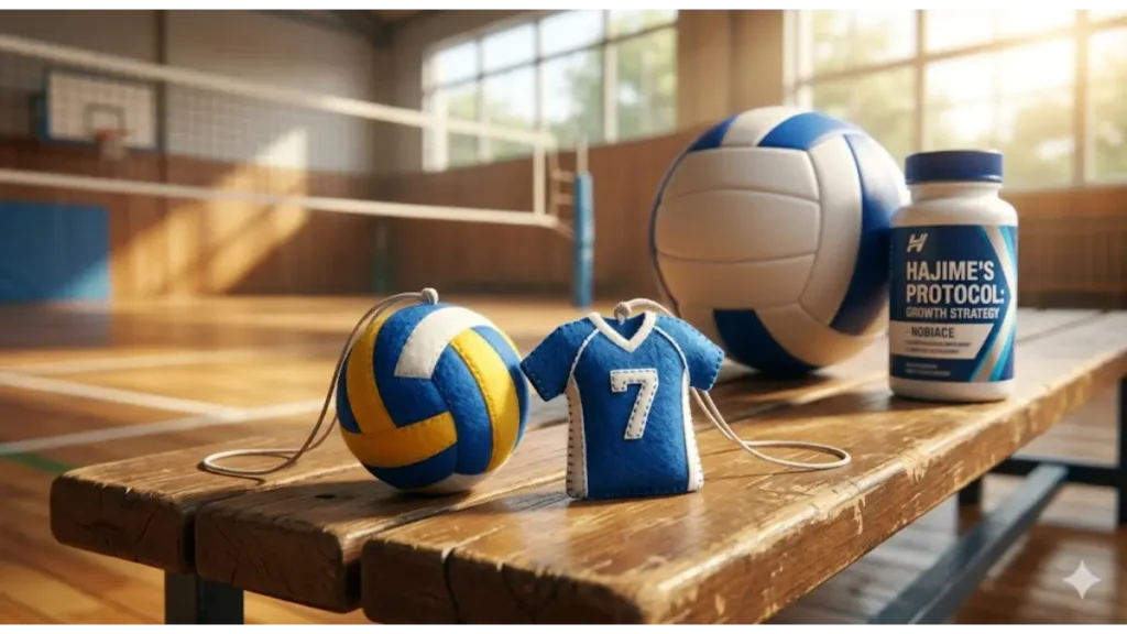 体育館の木製ベンチに置かれた、手作りのフェルト製バレーボールとお守り（背番号7のユニフォーム型）。その隣には、本物のバレーボールとノビエース（NOBIACE）のサプリメントボトルが並んでおり、バレーボール部のお守りによるチームの絆と身体作りの戦略を同時に表現している。