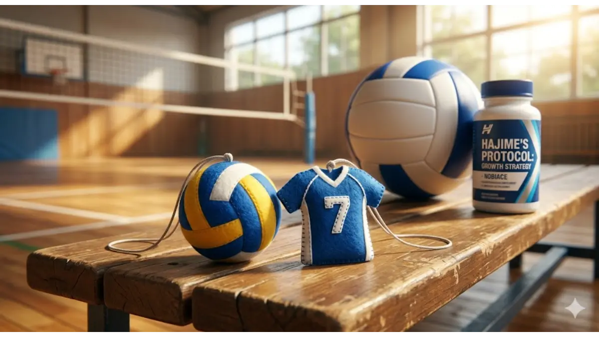 体育館の木製ベンチに置かれた、手作りのフェルト製バレーボールとお守り(背番号7のユニフォーム型)。その隣には、本物のバレーボールとノビエース(NOBIACE)のサプリメントボトルが並んでおり、バレーボール部のお守りによるチームの絆と身体作りの戦略を同時に表現している。