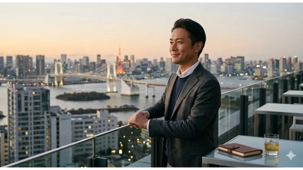 171cmの視界が生む静かな自信。夕暮れの都会を一望するテラスで、凛とした表情で遠くを見つめる日本人男性のリアルな日常。