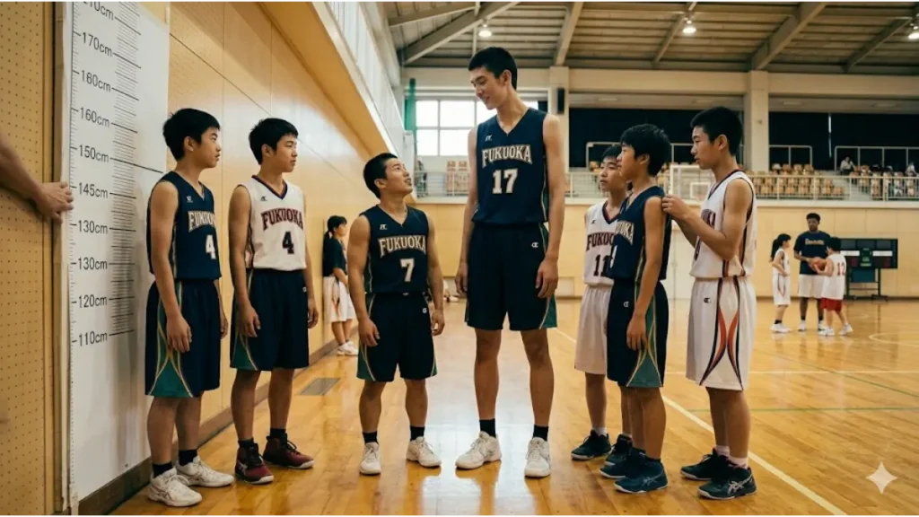 日本の高校バスケットボール強豪校のチーム写真。異なる身長の選手たちが、測定チャートの前で自然に振る舞っている。彼らはチームユニフォーム（背番号4、7、11、17）を着用し、一人はバスケットボールを持っている。身長のばらつきとチームワークを象徴する、暖かく本物のドキュメンタリー風写真。