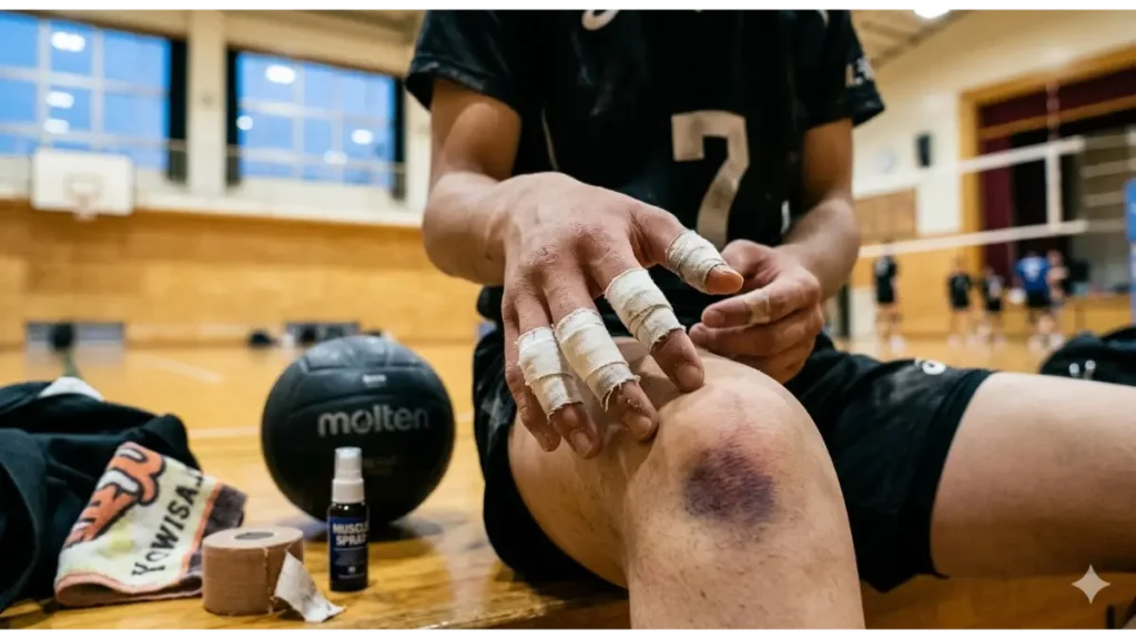 バレーボールの練習で床に飛び込み続けたことで膝にできた大きな痣(あざ)と、突き指防止のために白いテーピングが巻かれた指先。体育館の床に座る男子部員の努力の勲章を捉えた実写風画像。