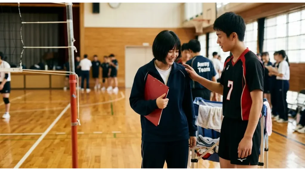 日本の高校の体育館。バレーボールの練習試合の休憩中、男子部員と女子マネージャーがネット支柱の近くで、タオルやドリンクを渡しながら、さりげなく言葉を交わす実写風画像。出会いや恋愛を象徴する。