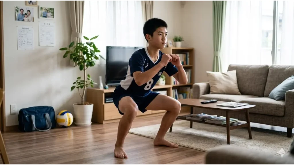 自宅のリビングで自体重スクワットを行う日本人中学生男子バレーボール選手。