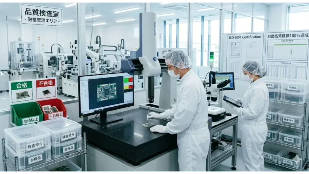 日本の電子機器工場の品質検査室で、クリーンウェア姿のスタッフがCMMや顕微鏡を使い、厳格な基準で基板を精密検査。
