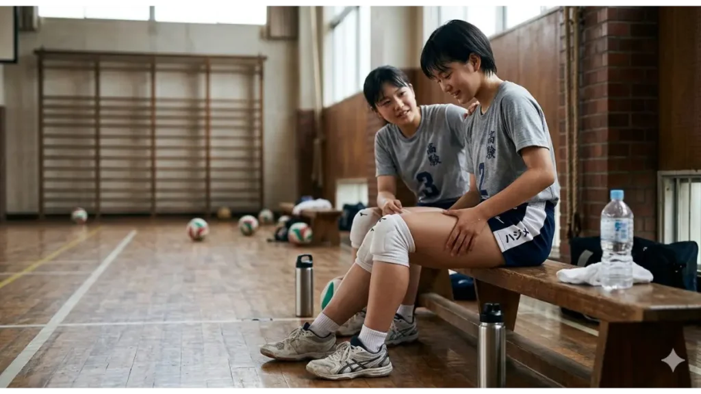 日本の古びた体育館で、バレーボール練習を終えてベンチに座り込み、自信に満ちた笑顔で前を見つめている小柄な女子部員。彼女は真剣で集中した表情で、練習で鍛えられた太ももの筋肉に手を当て、その成長と自信を実感している。隣では別の部員が優しく見守り、仲間との温かい mentor 関係が感じられる。高窓からの自然光、古い木の床、背景のほこりがリアルなドキュメンタリー写真を強調している。