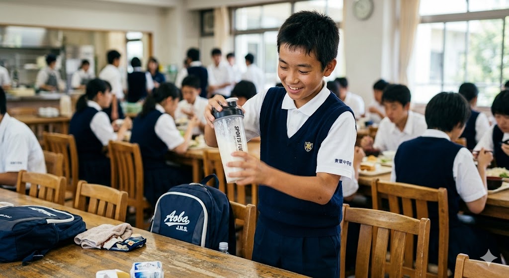 中学校の食堂で男子生徒がシェイカーを振る様子。成長期に必要な「10秒の投資」を日常の儀式として実践する、前向きな補給戦略のワンシーン。