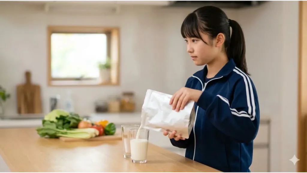 キッチンのカウンターで、牛乳に白い粉末状の栄養補助食品を混ぜる、Focusedな表情の小柄な日本人女子中学生。身体づくりの対策。