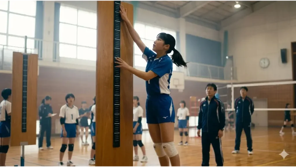 体育館でジャンプ測定器を使って垂直跳びを測定する、JOC選抜を目指す日本人女子中学生バレーボール選手。身体能力の指標としての跳躍力。