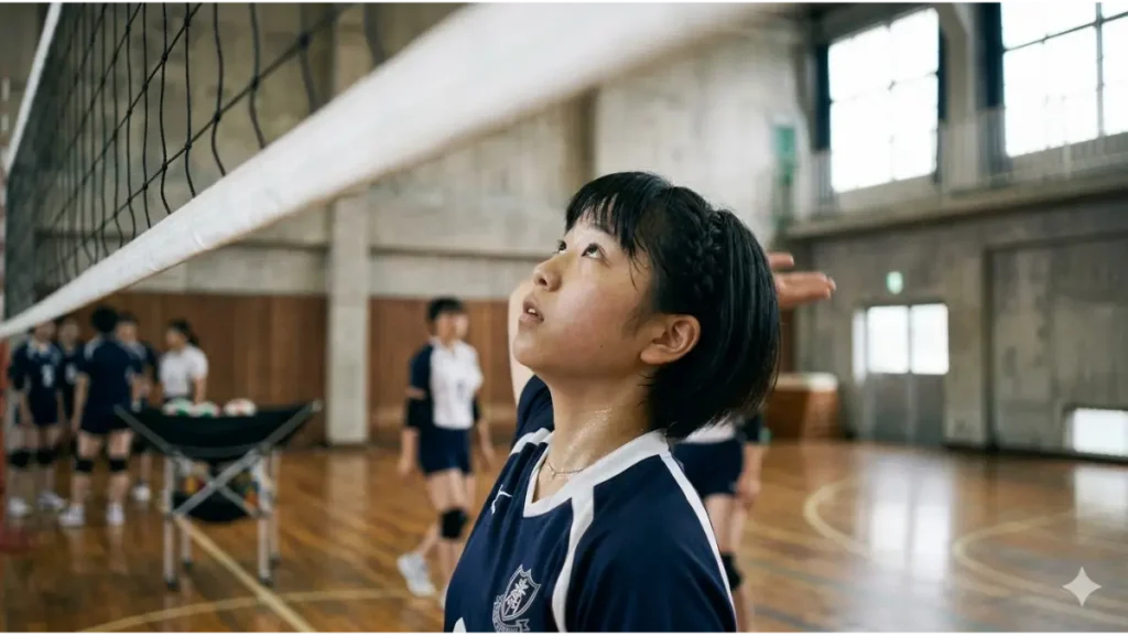 日本の中学校の体育館で、校則に適合する短く清潔なショートヘアに整えた女子バレー部員が、真剣な表情でボールを追いかけているリアルなスナップ写真。汗ばんだ肌と、眉の上で切り揃えられ、激しい動きでも視界を遮らないように管理された前髪が強調されている。背景のボケには高いネットが映り込み、体格の壁を暗示している。