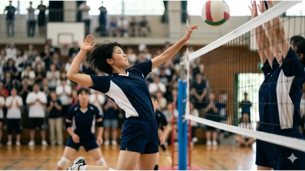 試合中にネット際でスパイクを打つ、小柄な日本人女子中学生バレーボール選手。ブロックを抜く技術と跳躍力。