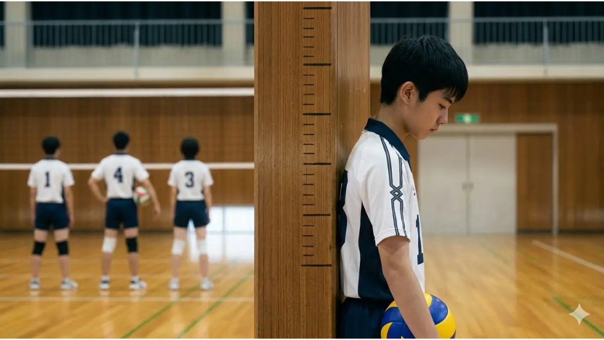 体育館の柱に刻まれた身長の傷を見つめて悩む小柄な中学生男子バレーボール選手のフォトリアリスティックな写真。