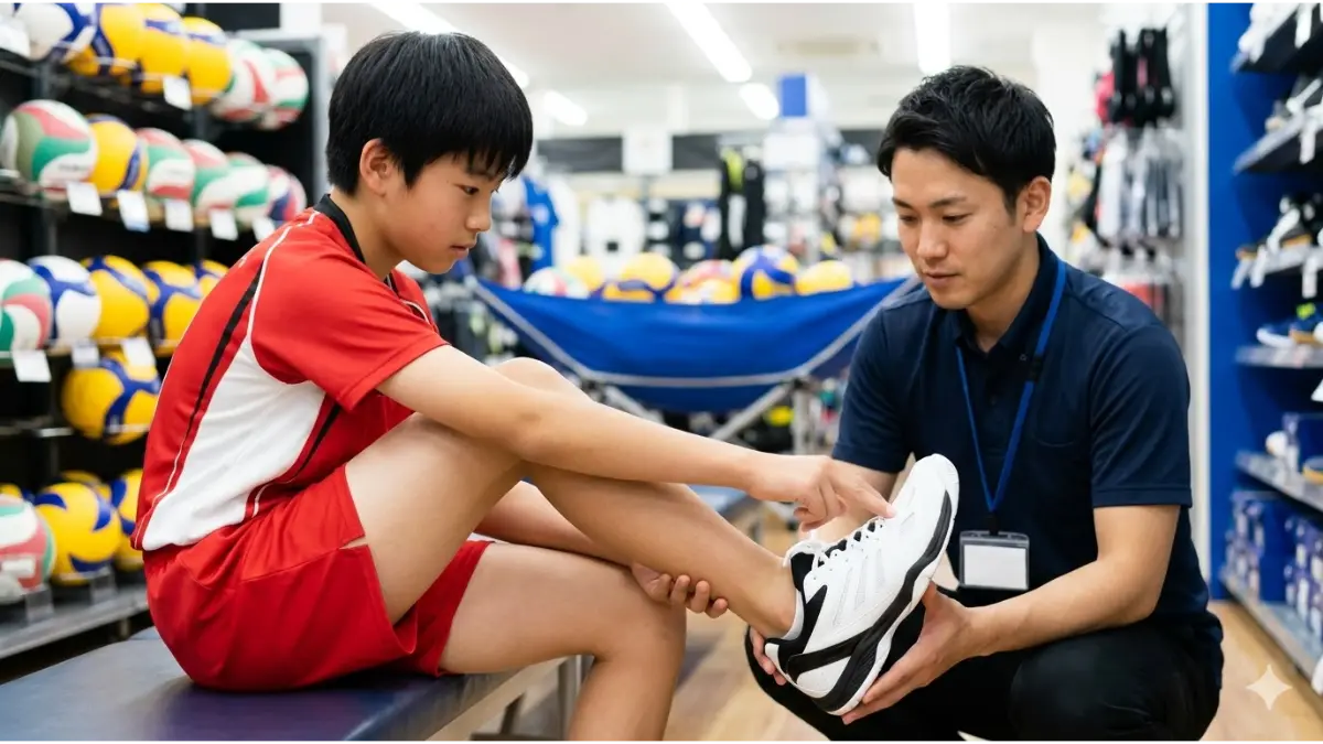 スポーツ店で新しいバレーボールシューズを試着し、つま先の余裕を確認するアジア人(日本人)の中学生男子。店員が見守る様子。