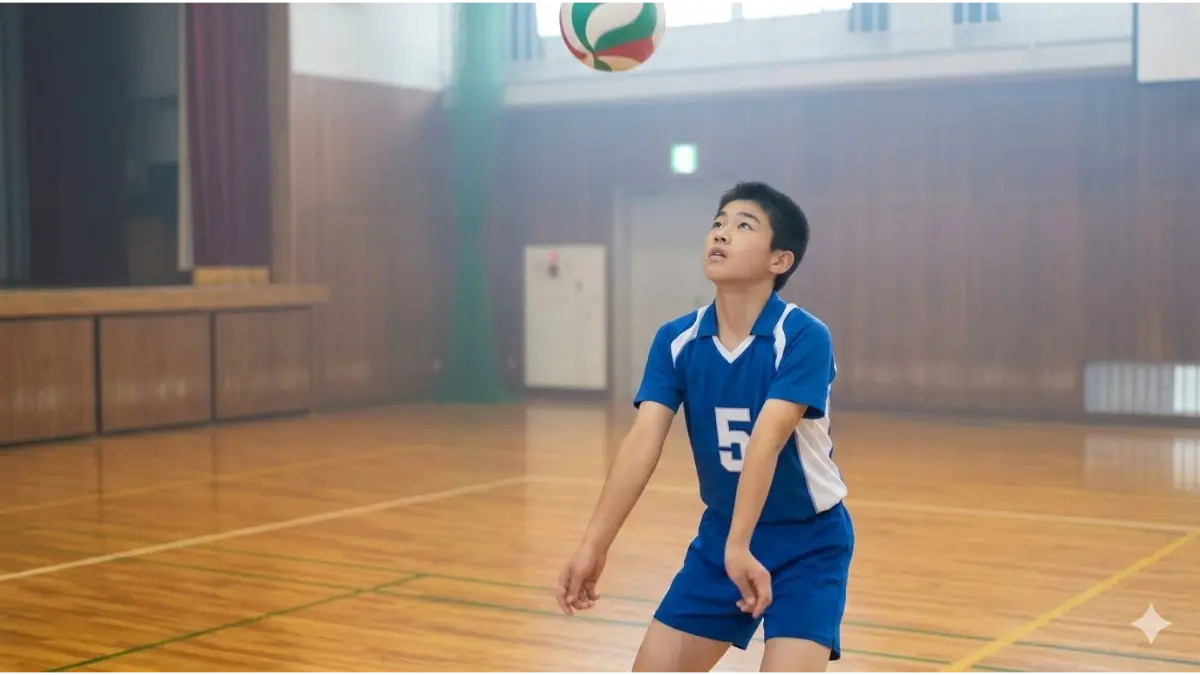 体育館で真剣な眼差しでバレーボールを見上げる日本の中学生アタッカー。