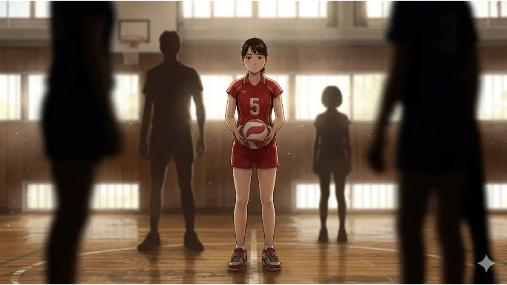 体育館の木床コートで、1人でボールを持ち、決意を秘めた表情で立ち尽くす日本人中学生女子バレーボール選手