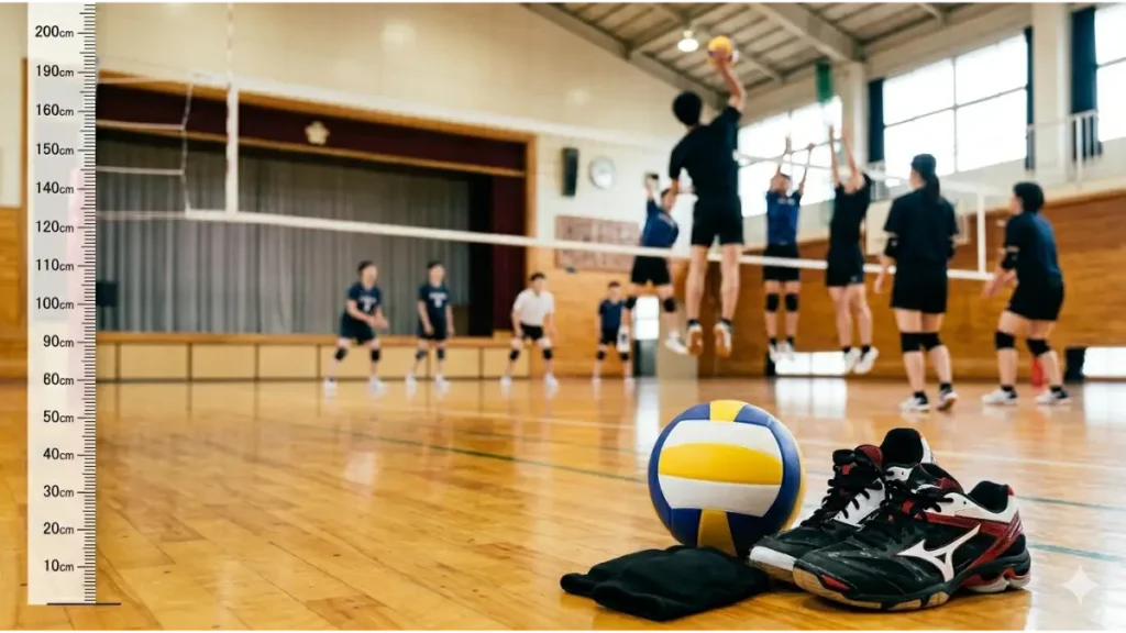 中学校の体育館の床に置かれた、中学生用サイズ4のバレーボール、バレーボールシューズ、そして膝サポーター。背景には blurred(ぼかした) junior high school 学生が練習している姿が見える。