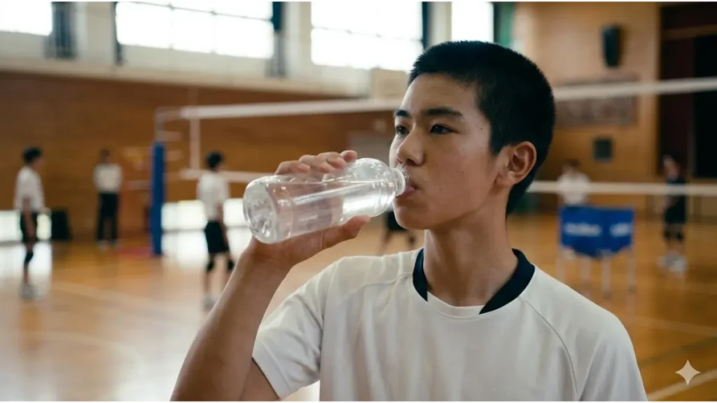 体育館での練習後、真剣な表情で飲料を飲む中学生バレーボール選手。成長期の身体作りを象徴。