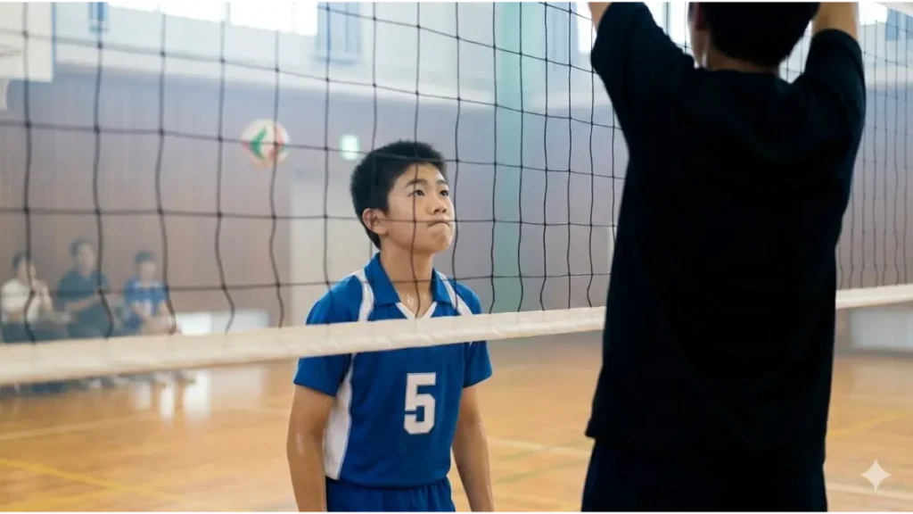バレーボールネット際で身長差(身体の壁)を感じながらも決意を滲ませる日本の中学生アタッカー。