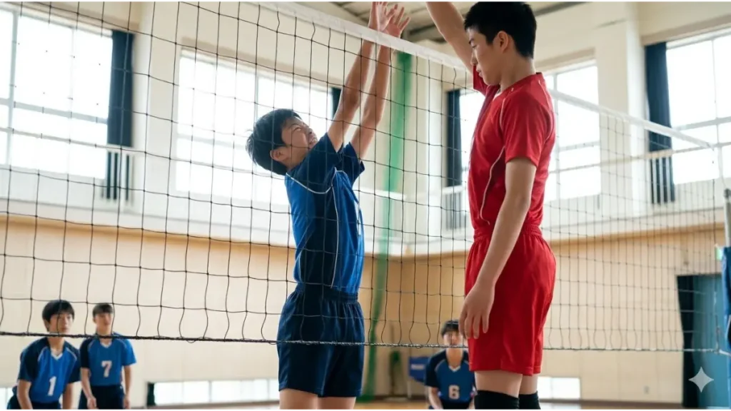 体育館で背の高い相手を見上げる日本人中学生男子バレーボール選手。体格差という壁を表現。