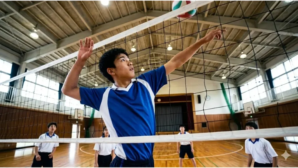 日本人の中学生バレーボール選手がネット際で高い打点からスパイクを放つ瞬間。身長のアドバンテージと高さを象徴するアクション。