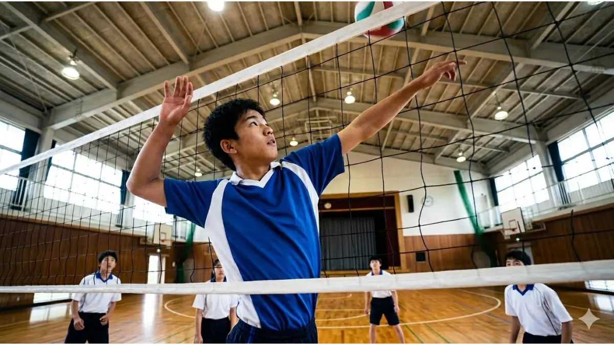 日本人の中学生バレーボール選手がネット際で高い打点からスパイクを放つ瞬間。身長のアドバンテージと高さを象徴するアクション。
