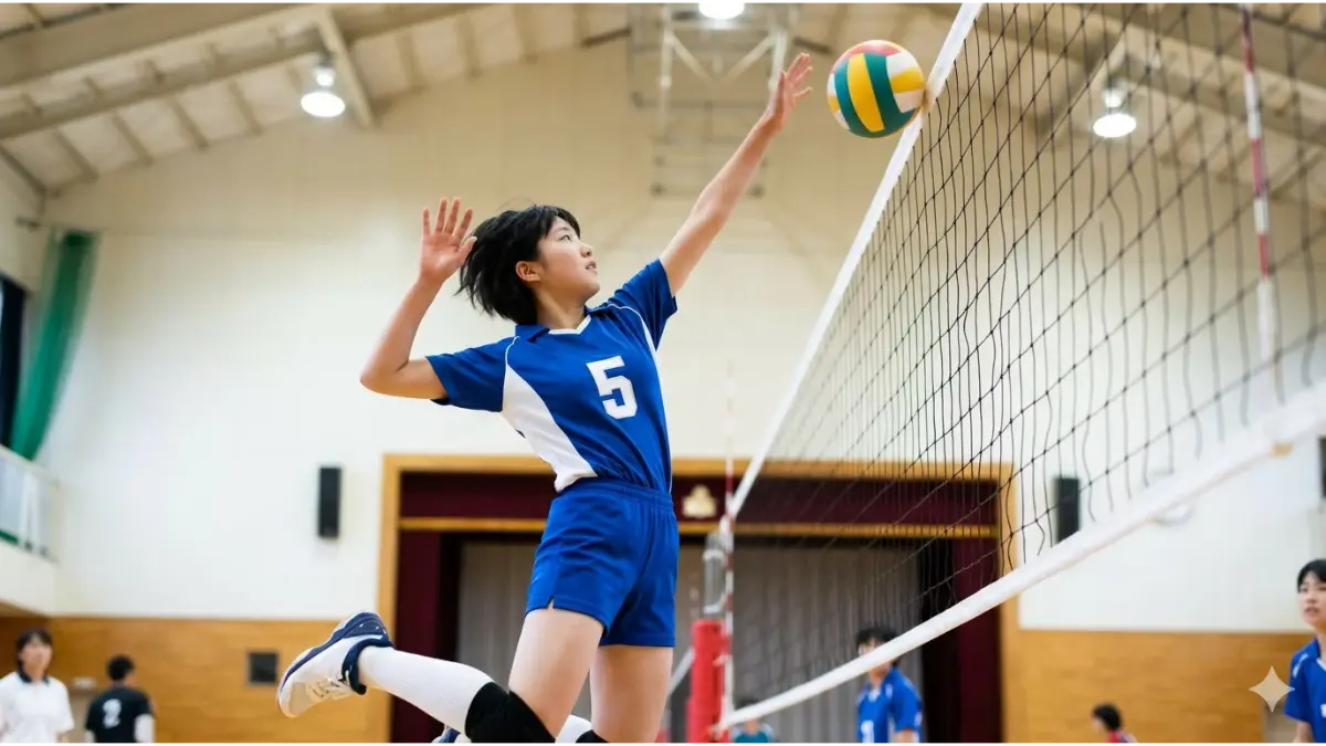 体育館で高くジャンプしスパイクを打つ、日本人中学生女子バレーボール選手のアイキャッチ画像。