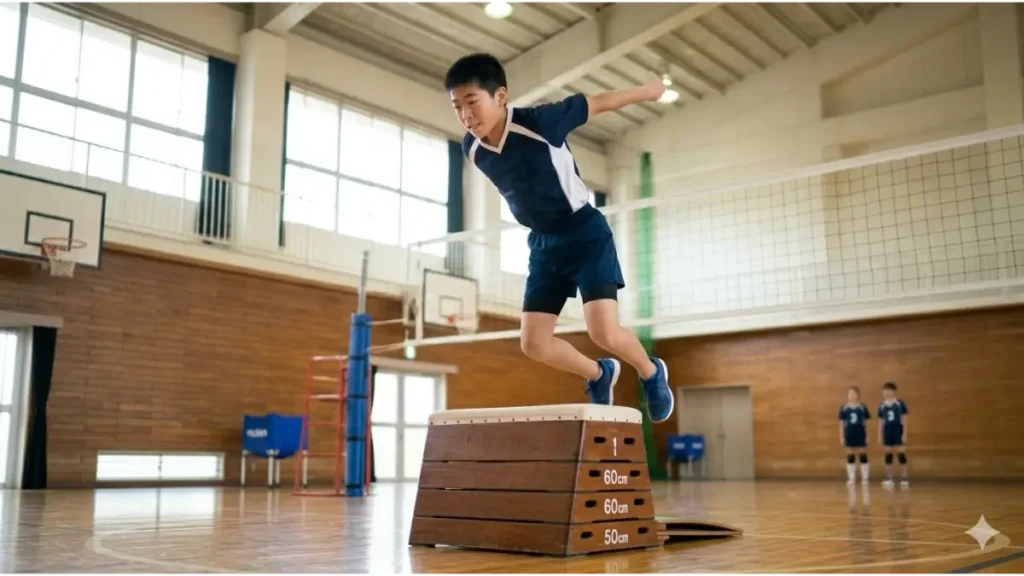 ジャンプ力向上のためのボックスジャンプトレーニングをする中学生選手