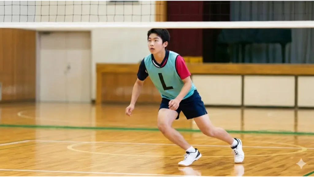 体育館の木床を機敏に動く、ビブスを着用した中学生男子バレーボールリベロ。低い構えでボールを待つ集中した表情。
