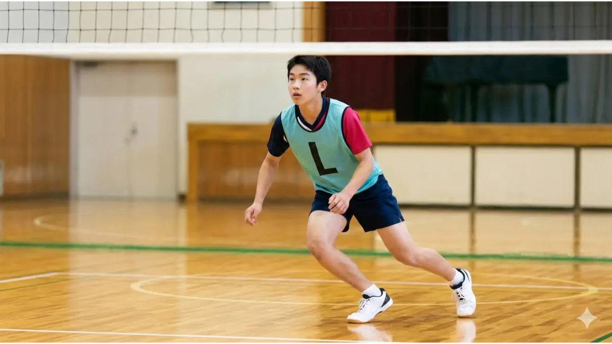 体育館の木床を機敏に動く、ビブスを着用した中学生男子バレーボールリベロ。低い構えでボールを待つ集中した表情。