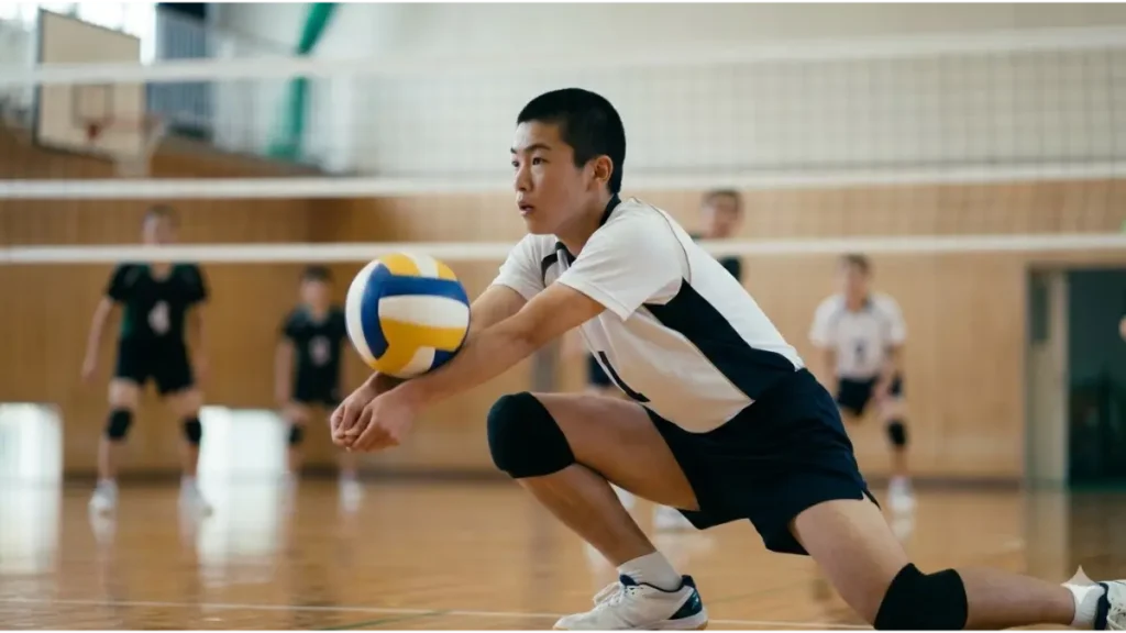 体育館で低く構え、相手のスパイクをディグ（レシーブ）する中学生バレーボール選手。現代のアウトサイドヒッター（OH）の多機能性を表現。