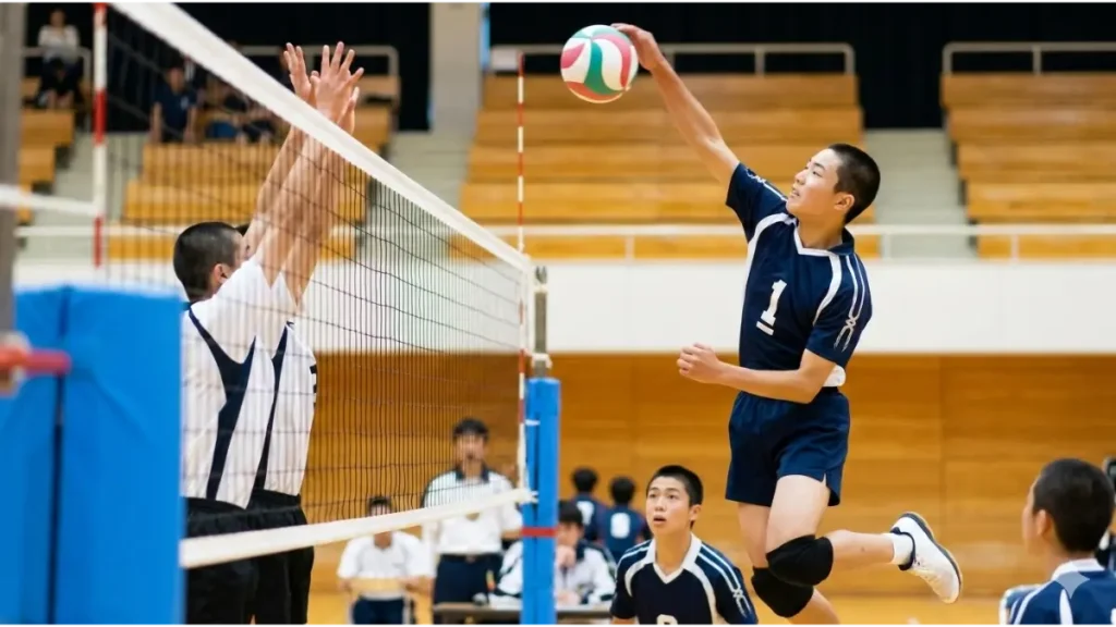 体育館で力強くスパイクを打つ日本人中学生バレーボール選手。オポジットの役割を象徴する躍動感のあるシーン。
