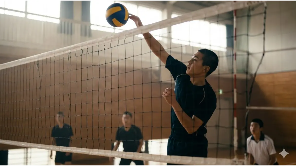 体育館で力強くスパイクを打つ、日本人中学生のアウトサイドヒッター。躍動感のあるアイキャッチ画像。