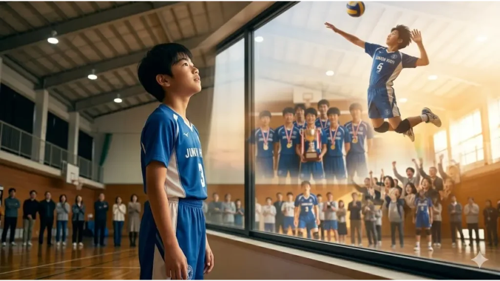 体育館の窓の前に立ち、希望に満ちた表情で上を見上げる中学生男子バレーボール選手。窓ガラスには、彼が空中で高くジャンプしてスパイクを決める姿と、トロフィーとメダルを持ってチームメイトと優勝を祝う姿の幻想的なビジョンが重なって映し出されている。将来の成功とモチベーションを象徴する。
