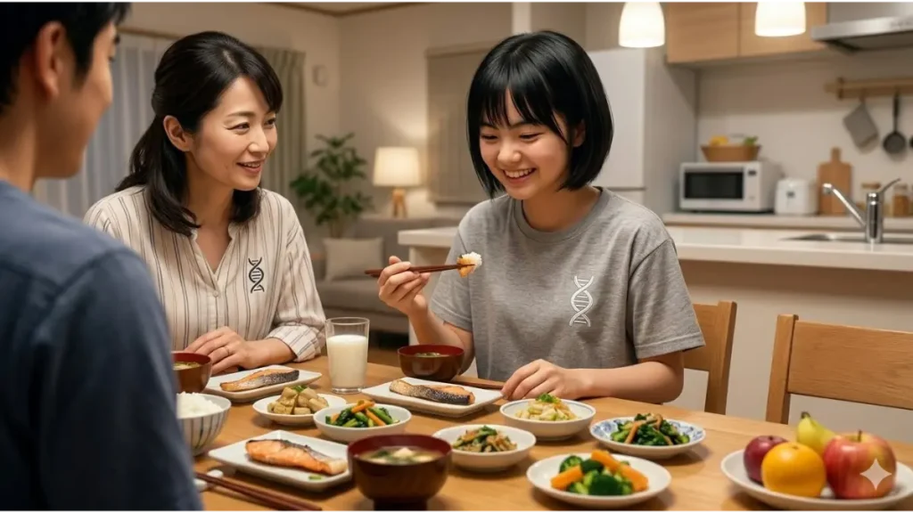 家庭の食卓で、バランスの取れた栄養価の高い日本食を楽しむ、日本人中学生女子バレーボール選手と、それを見守る保護者。 Strategic Helix Emblem入りのTシャツ。