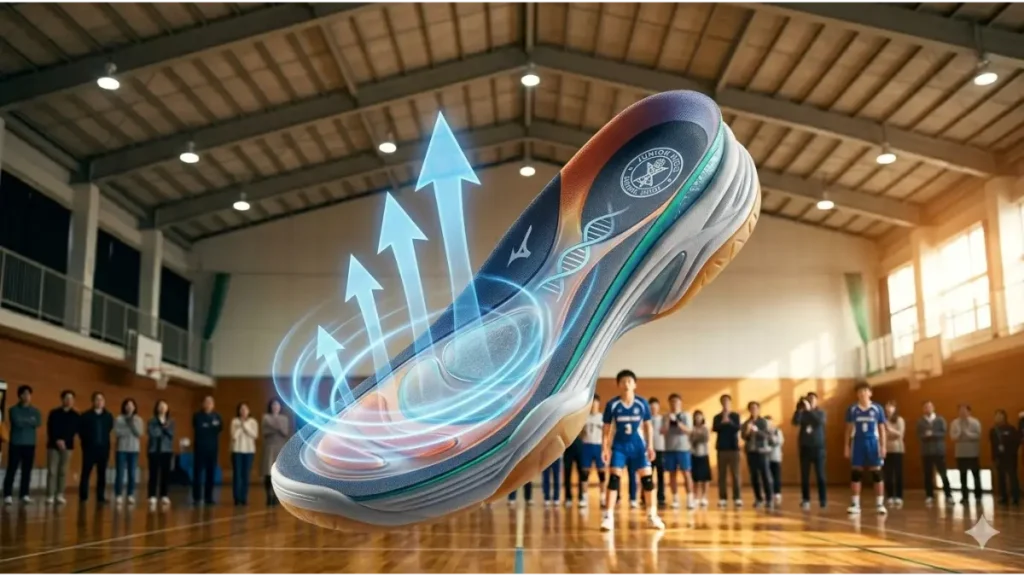 高反発素材がジャンプ力をサポートする、バレーボール用インソールの機能イメージ図。