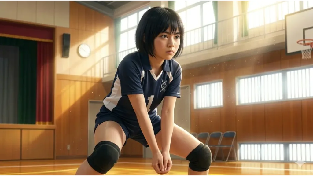 真剣な表情で低いレシーブ姿勢をとる、日本人中学生女子バレーボール選手。体育館の窓から光が差し込む。胸にはStrategic Helix Emblem。