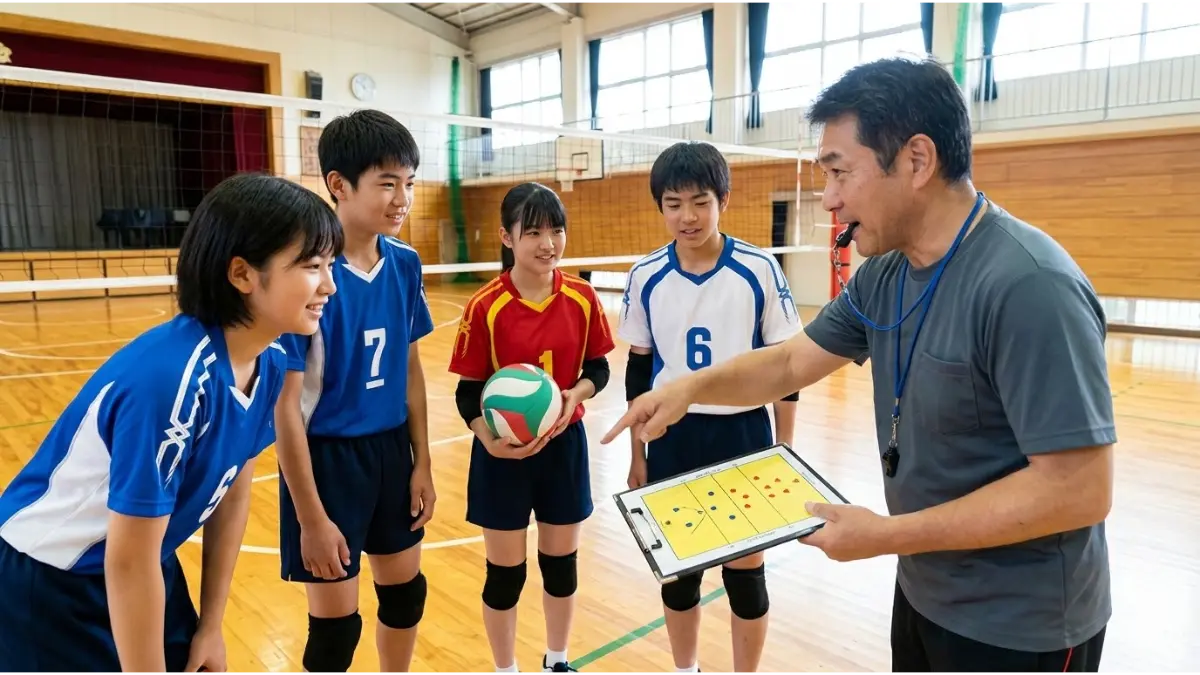 体育館の木床コートで、日本人中学生バレーボールチームがコーチからポジションの決め方について熱心に説明を受けている躍動感のあるアイキャッチ画像。