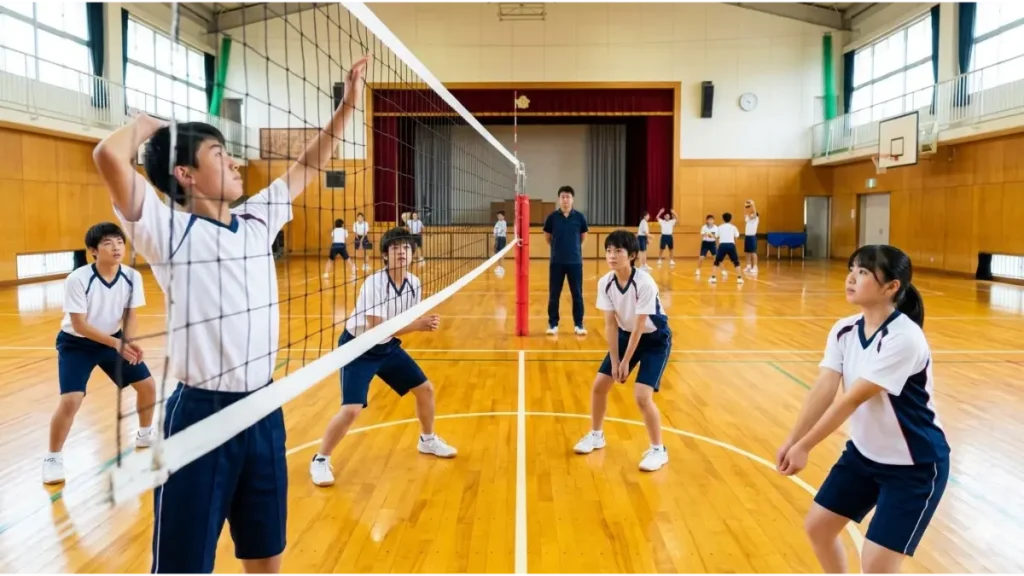 体育館でバレーボールの練習をする中学生男女チームのアイキャッチ画像